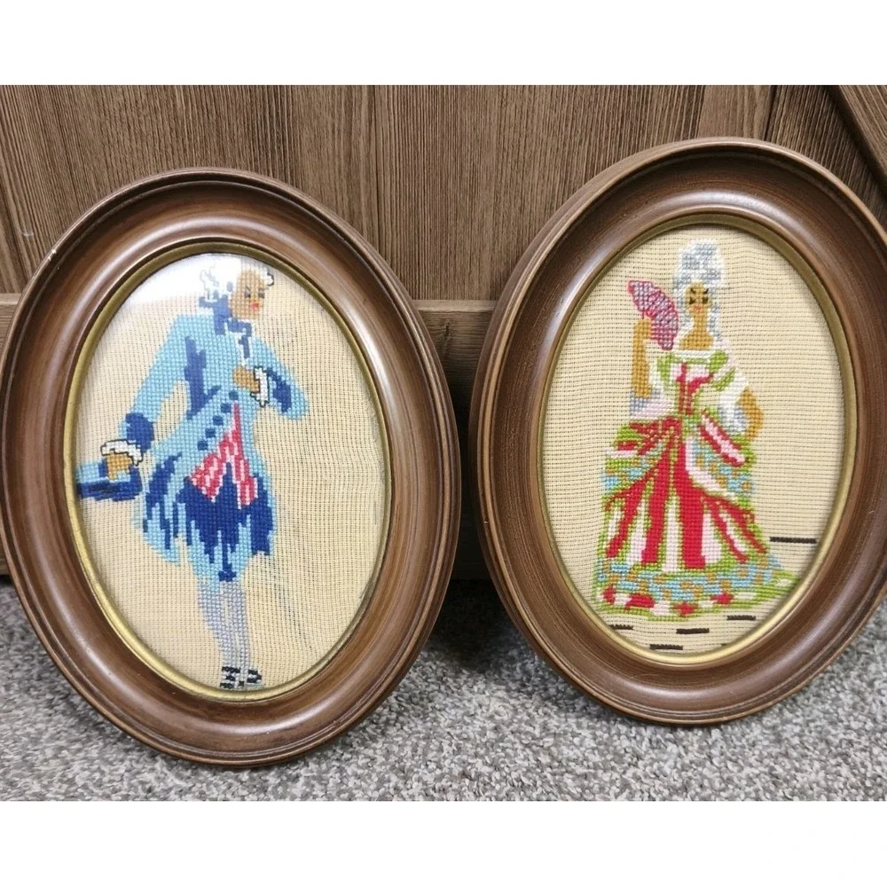 Vintage Framed Needlepoint Colonial Couple Wall Art Set Pair Oval Frames